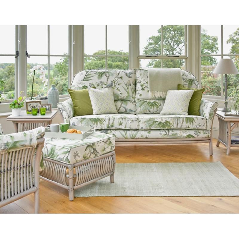 The Hardy large sofa in Sandringham Eau de Nil linen fabric, shown with matching side tables, ottoman and armchair