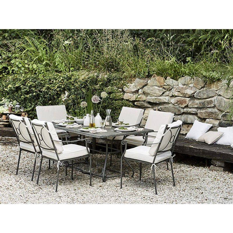 Cheltenham six-seater wrought iron garden dining table with granite top. Shown here with matching Cheltenham dining chairs.