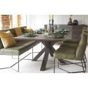 Detroit dining table with dining bench and three dining chairs.