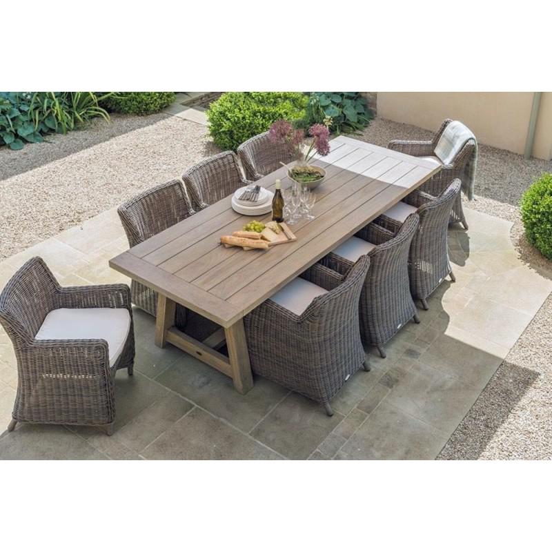 Stanway teak table with eight outdoor wicker chairs.