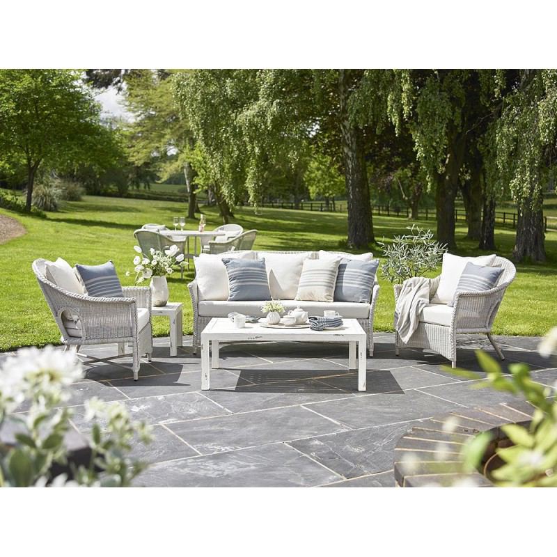 Clementine garden sofa and two armchairs - shown here with matching coffee and side tables.