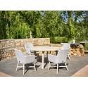  Derby round teak outdoor dining table with four Lisboa dining chairs in Ice all-weather weave.