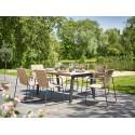 Derby teak-topped outdoor dining table with six Palma dining chairs.