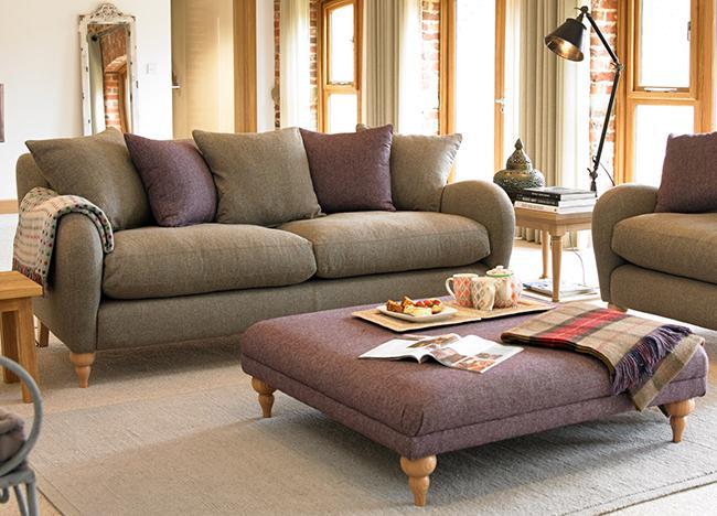 Angus sofa, armchair and footstool in Harper Moss tweed